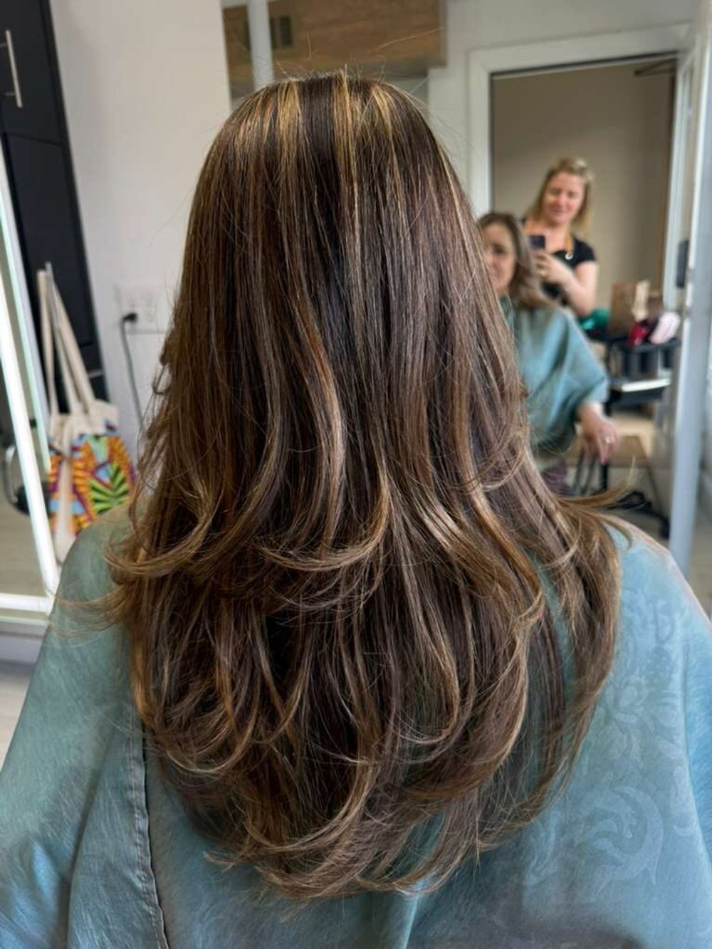Long brown hair with caramel highlights, layered and styled